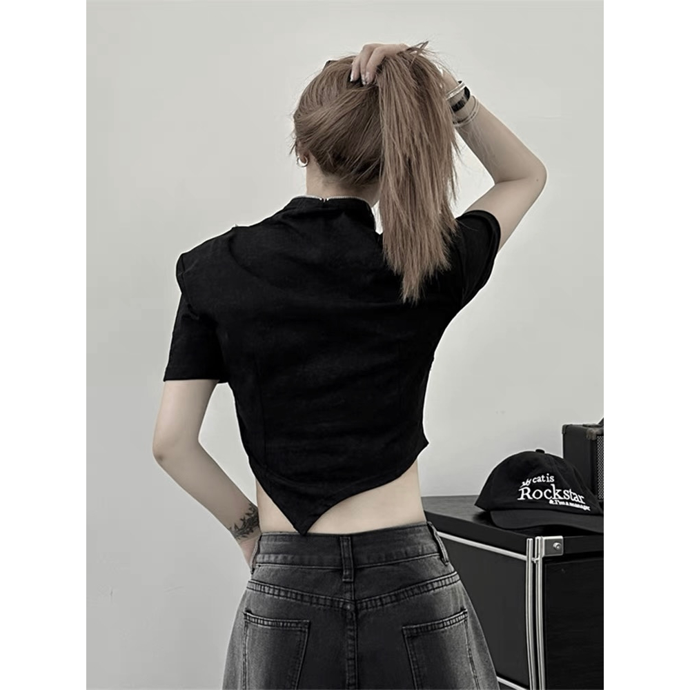 Áo croptop HAVADW màu đen cổ tàu khóa zip AT49