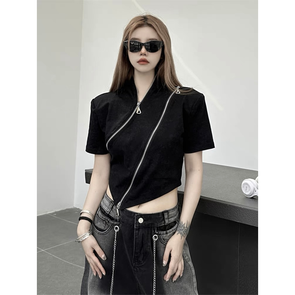 Áo croptop HAVADW màu đen cổ tàu khóa zip AT49