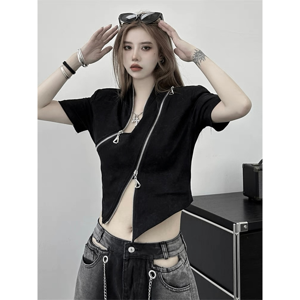 Áo croptop HAVADW màu đen cổ tàu khóa zip AT49