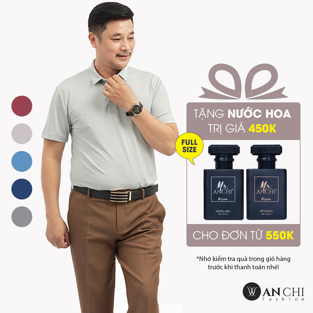 Áo Polo Nam Trung Niên ANCHI Màu Ghi Nhạt Trơn Chất Liệu Cotton Cao Cấp