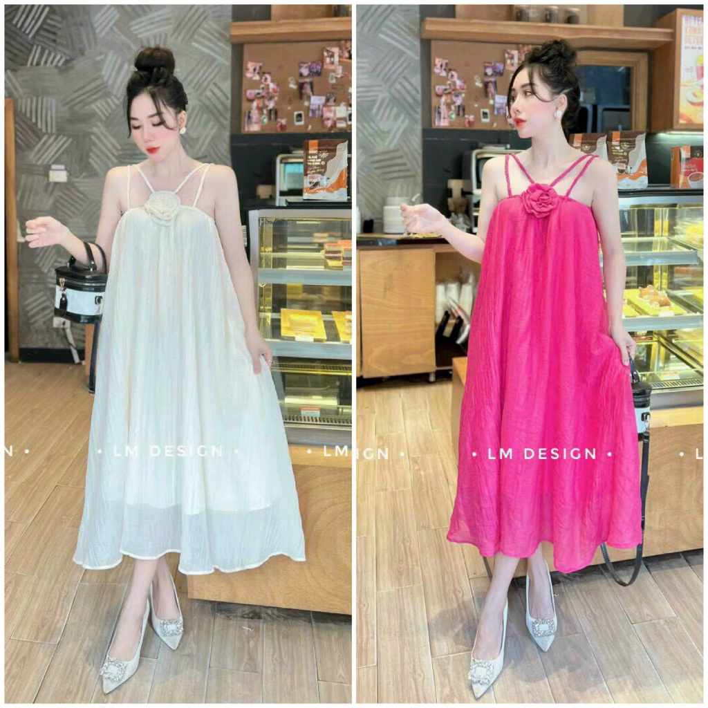 Đầm váy maxi nữ dây cổ chéo đính bông mix dáng váy suông dài dành cho các nàng đi chơi xinh, bầu bí chen chúc thoải mái.