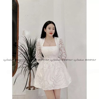 Đầm nữ dự tiệc váy trắng chất gấm hoa đầm cổ vuông tay dài xòe chữ A xếp ly đầm công chúa trắng đỏ giá rẻ đẹp