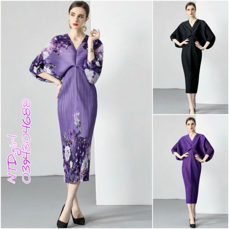 Hàng nhập - Đầm dáng ôm lụa dập li cánh dơi, váy body dự tiệc cổ V tay lỡ sang trọng