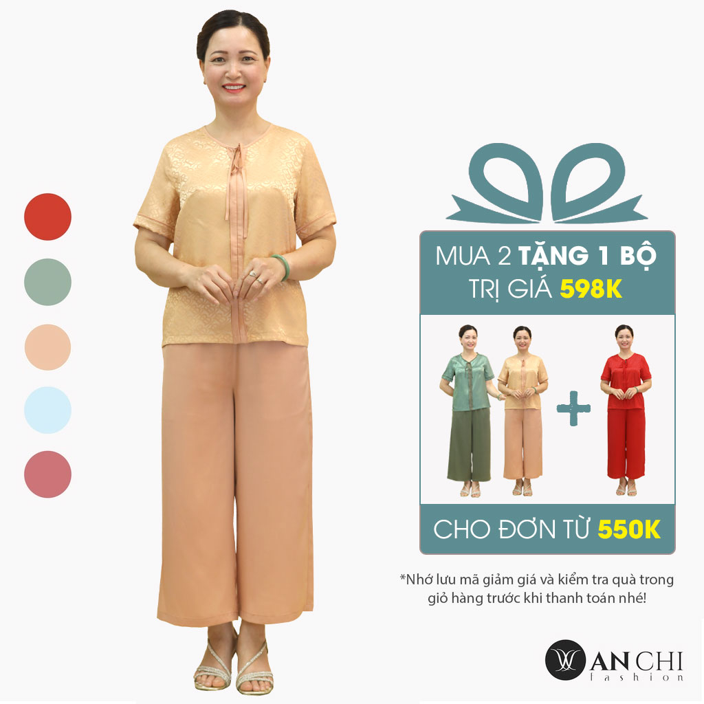 Đồ Bộ Trung Niên Nữ Lụa Họa Tiết Cao Cấp ANCHI B30 Be Vàng, Set Đồ Mặc Nhà Quà Tặng Cho Mẹ