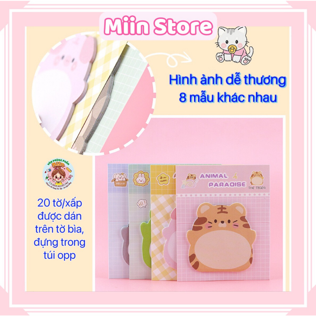 Set 20 Tờ Giấy Note, Giấy Ghi Chú Đánh Dấu Trang Nhiều Hình Con Vật Cute Dễ Thương Khác Nhau Có Sẵn Keo Dán