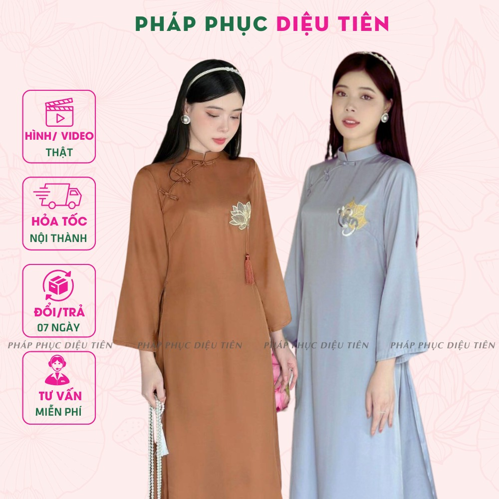 Pháp phục đi chùa, áo tràng đi lễ chùa chất liệu lụa kate hàn thêu hoa sen kèm khánh dây - Pháp Phục Diệu Tiên