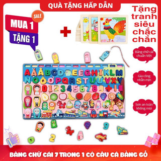  Đồ chơi phát triển trí tuệ bằng gỗ 7 trong 1 Bảng học chữ số đếm, câu cá cho bé có tiếng Việt ( tặng tranh )
