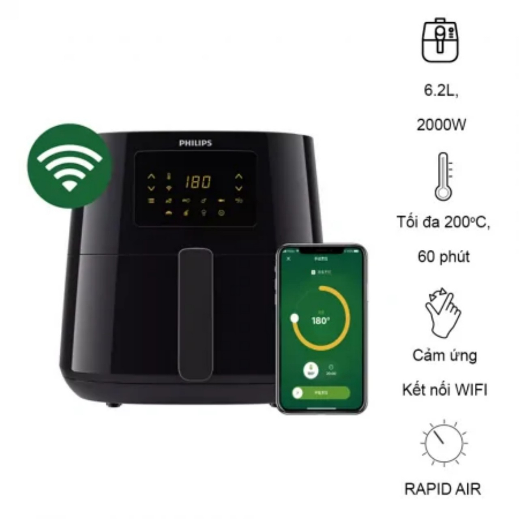 Nồi Chiên Không Dầu Philips HD9280/90, Kết Nối Wifi - 6.2Lit/2000W, Bảo Hành Chính Hãng 2 Năm