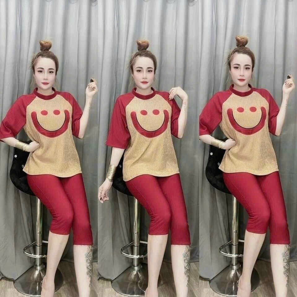 Set đồ nữ đi chơi cá tính, set bộ thun xốp thái lửng xinh xắn thêu hình mặt cười cute
