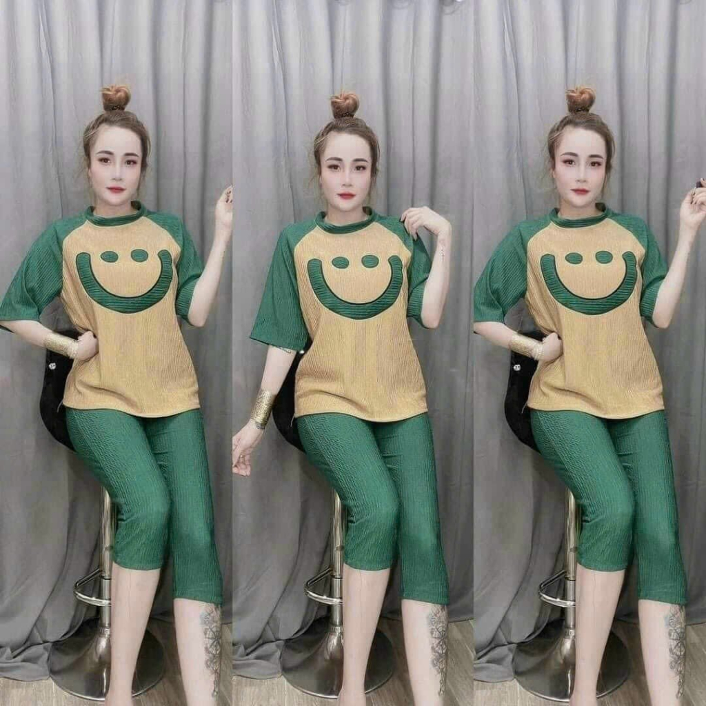 Set đồ nữ đi chơi cá tính, set bộ thun xốp thái lửng xinh xắn thêu hình mặt cười cute