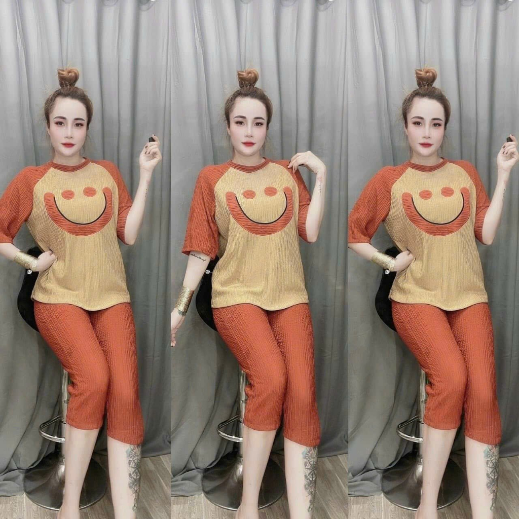 Set đồ nữ đi chơi cá tính, set bộ thun xốp thái lửng xinh xắn thêu hình mặt cười cute