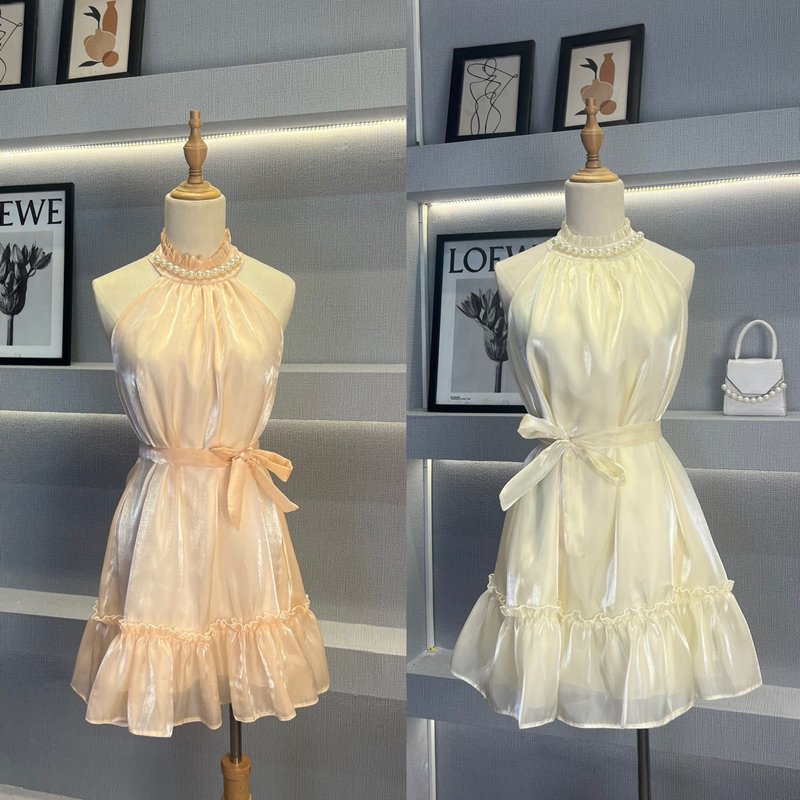 Đầm cổ yếm dáng ngắn organza hồng/be -Audrey Studio