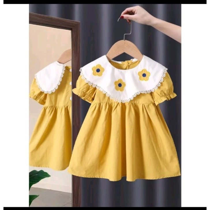 Váy bé gái Tay phồng cổ bẻ- Vải thô siêu mát