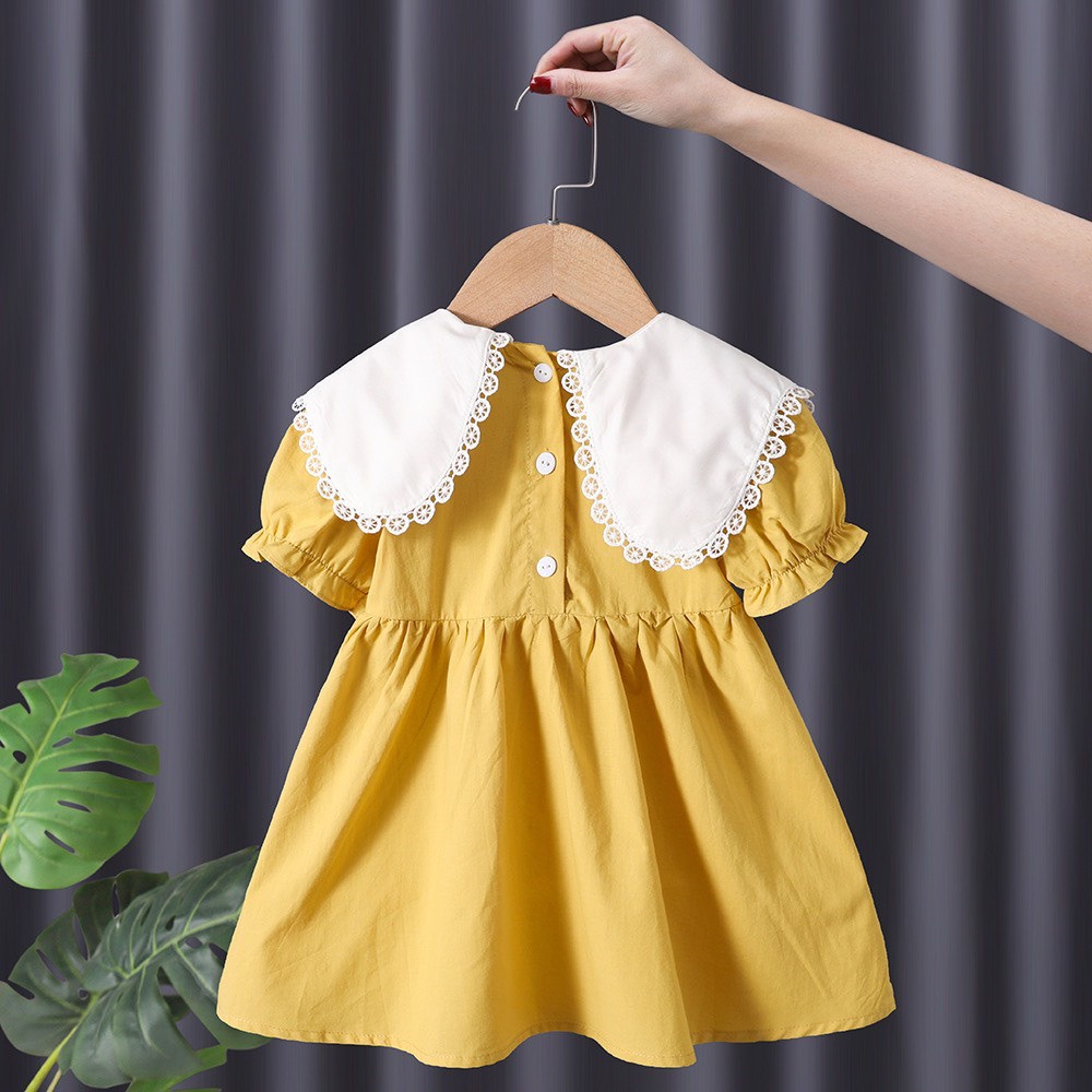 Váy bé gái Tay phồng cổ bẻ- Vải thô siêu mát