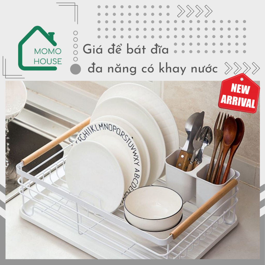 Giá Để Bát Đĩa Khung Sắt Đa Năng MOMOHOUSE Có Ống Đựng Đũa Thìa Và Khay Hứng Nước Tiện Lợi