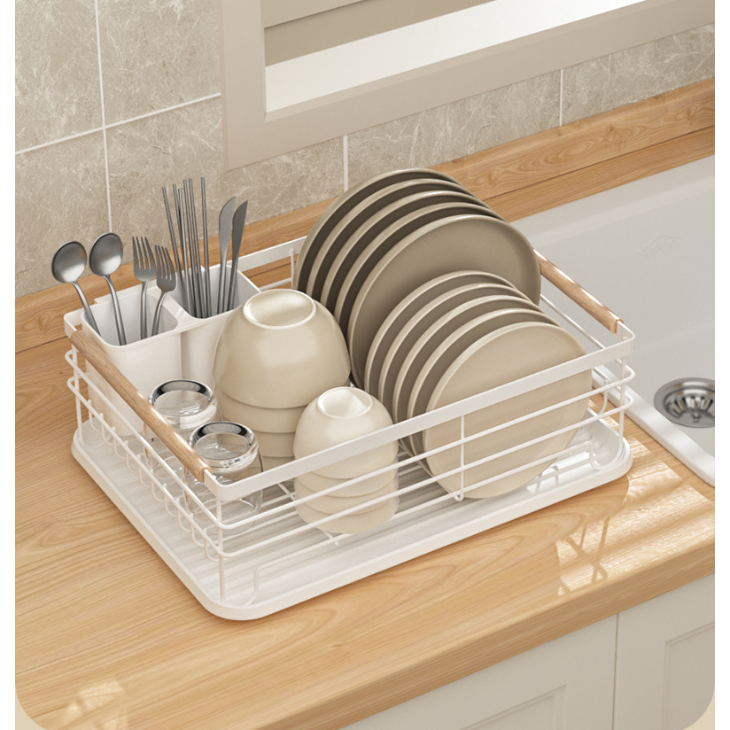 Giá Để Bát Đĩa Khung Sắt Đa Năng MOMOHOUSE Có Ống Đựng Đũa Thìa Và Khay Hứng Nước Tiện Lợi