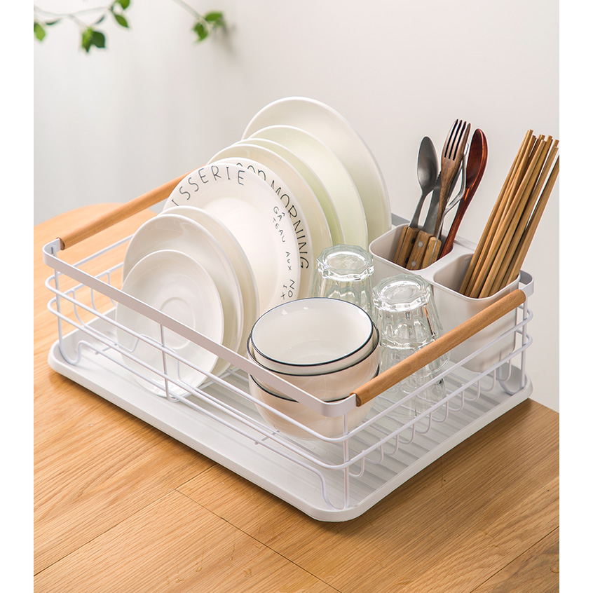 Giá Để Bát Đĩa Khung Sắt Đa Năng MOMOHOUSE Có Ống Đựng Đũa Thìa Và Khay Hứng Nước Tiện Lợi