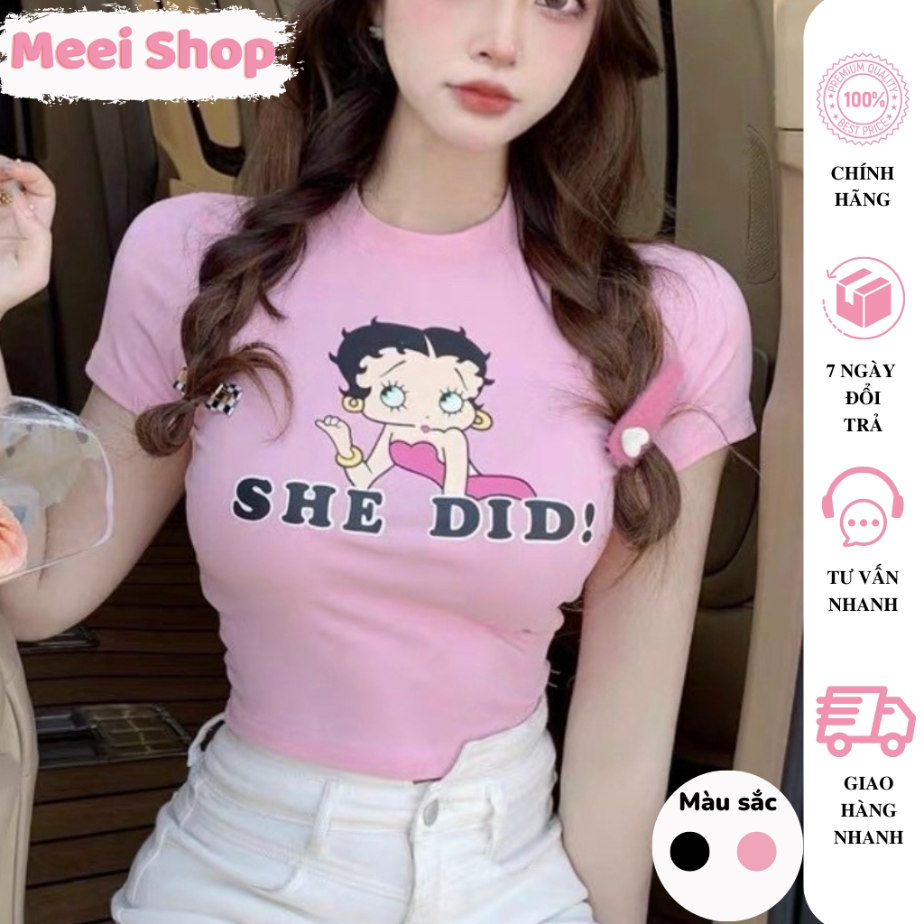 Áo croptop nữ Meei shop in họa tiết cô bé chibi dễ thương, Áo kiểu nữ ngắn tay cổ tròn ôm body chất borip dày dặn -A14-