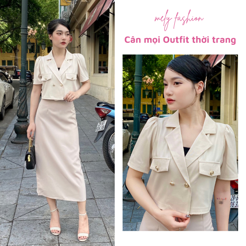 Áo vest blazer croptop nữ tay ngắn lỡ nhún vai sơ mi dáng ngắn lửng chất chéo hàn mềm mát trẻ trung sang trọng ASM19