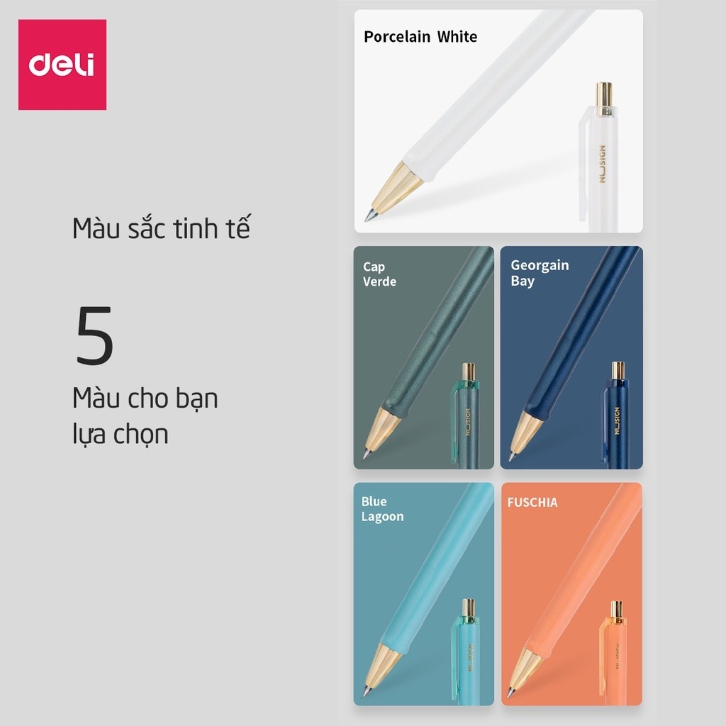 Bút bi dạng gel cao cấp Nu Sign Deli - mực đen - ngòi 0.5mm đầu bấm kim loại - 5 màu nổi bật - 1 chiếc - NS557