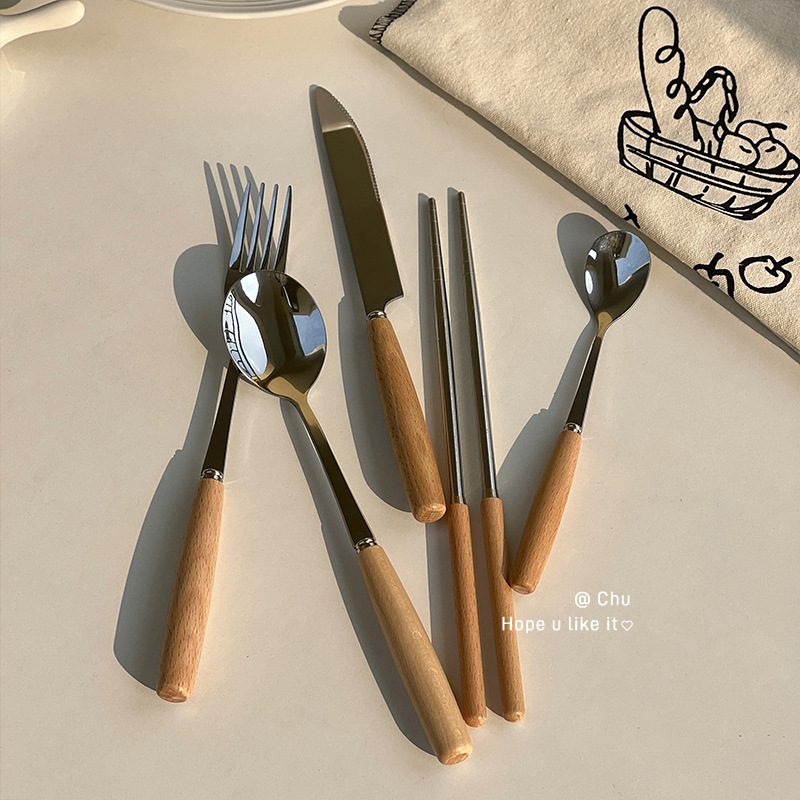 Đũa thìa dĩa inox cán gỗ cao cấp phong cách Hàn Quốc, bộ thìa đũa cá nhân cán giả gỗ