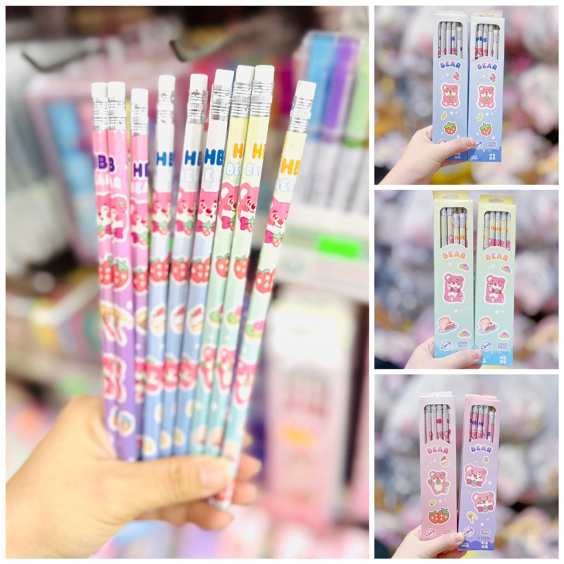 Vỉ 12 Bút Chì HB Gấu Dâu LOTSO Đầu Gôm Kèm Chuốt Bút Chì Và Định Vị Tay Cầm Bút