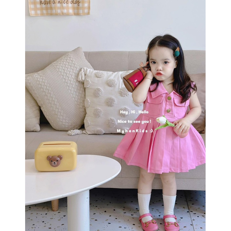 10-20kg váy hồng cổ trụ xếp ly dáng xoè cho bé gái, váy xinh cho bé