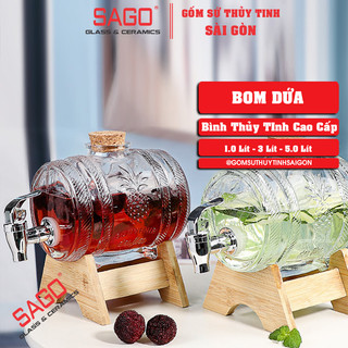 Bình bom dứa thủy tinh 1 lít, 3 lít, 5 lít nắp gỗ có vòi rót cao cấp | chân gỗ theo bình