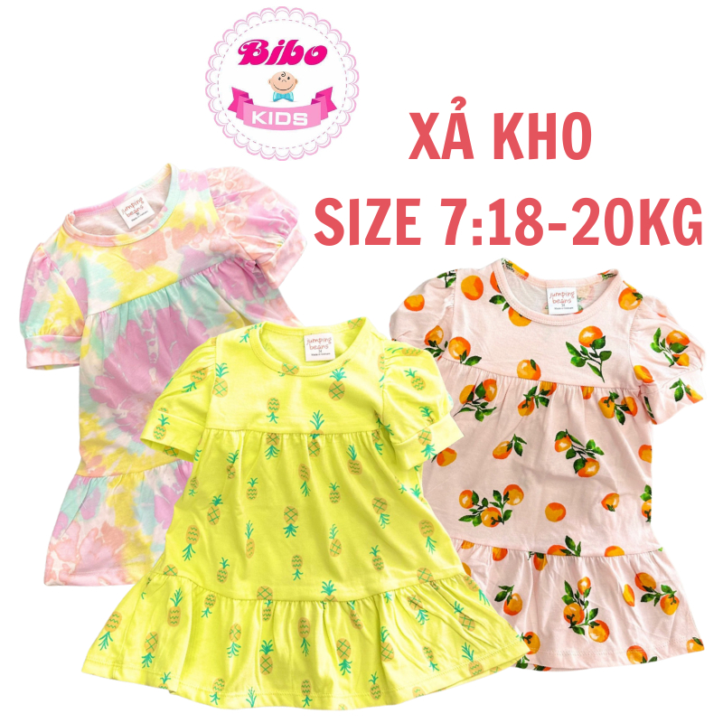 18-20kg-Váy cotton xuất dư cho bé gái, Đầm xòe phối họa tiết bo tay siêu dễ thương, Quần Áo trẻ em