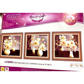 Tranh thêu chữ thập bộ 3 Bình Hoa Ngọ Lan Lv3091 (128x45) chưa thêu