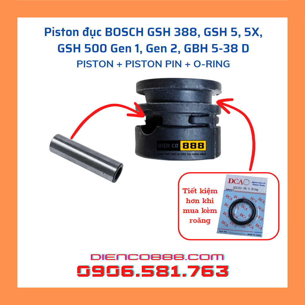 Piston đục BOSCH GSH 388, GSH 500, GSH 5X (đục 17ly) bằng nhựa - Có thể mua thêm roăng nếu muốn