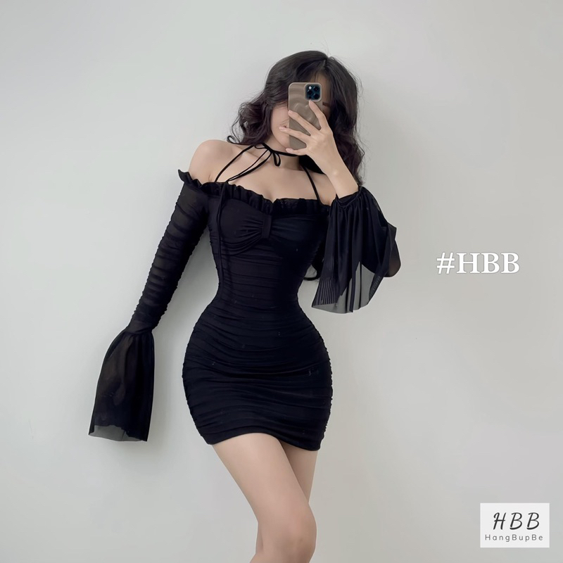 Đầm trễ vai tay loe ngực viền bèo siêu xinh