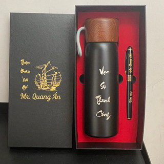Combo Bộ quà tặng bình nắp vân gỗ + bút ký - quà tặng văn phòng, thầy cô giáo ý nghĩa - Miễn phí khắc tên