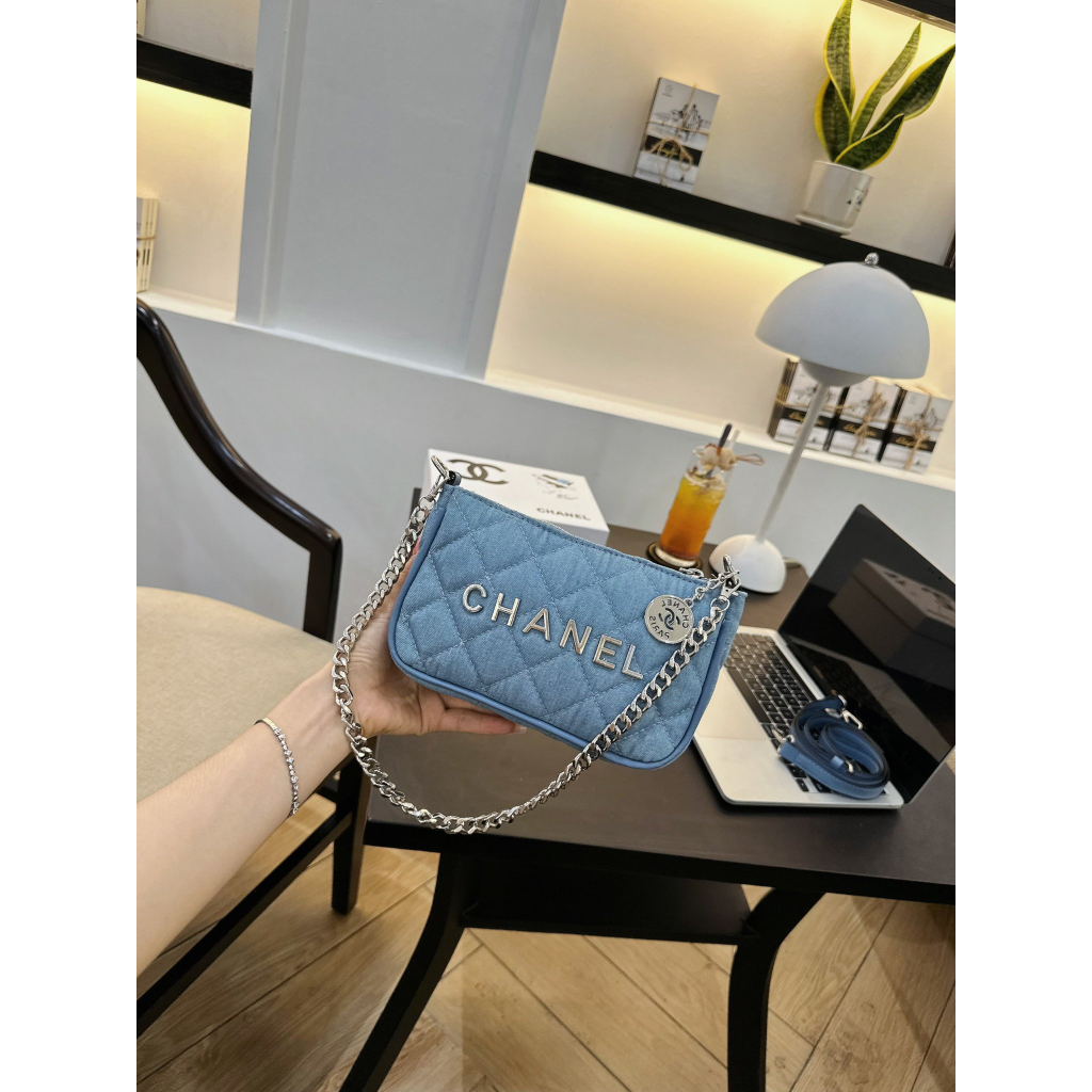 Hỏa tốc Túi Xách Nữ Kẹp Nách Dây Xích Bạc Kèm Dây Đeo Chéo Màu Xanh Hoa Trà Mới QSTX0944