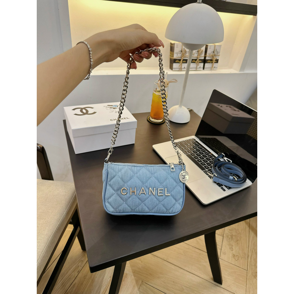 Hỏa tốc Túi Xách Nữ Kẹp Nách Dây Xích Bạc Kèm Dây Đeo Chéo Màu Xanh Hoa Trà Mới QSTX0944