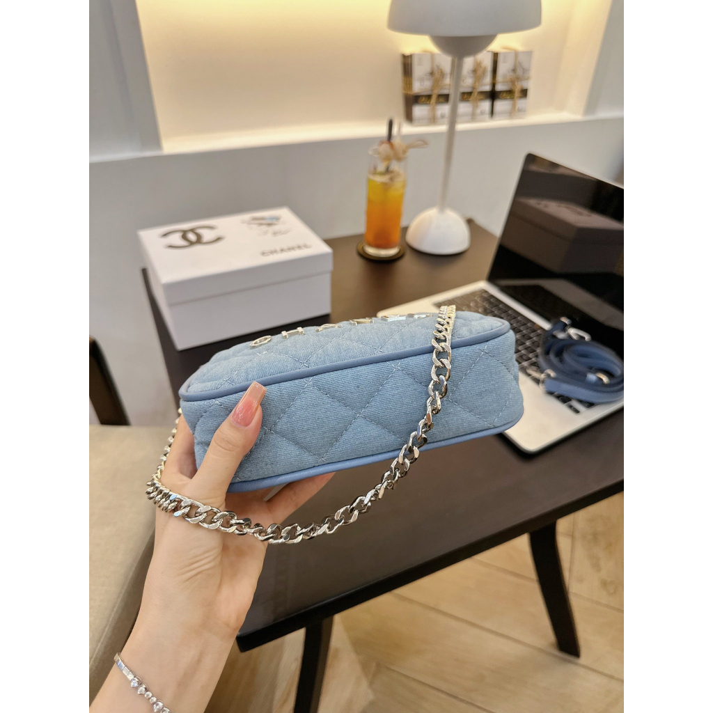 Hỏa tốc Túi Xách Nữ Kẹp Nách Dây Xích Bạc Kèm Dây Đeo Chéo Màu Xanh Hoa Trà Mới QSTX0944