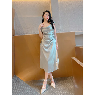Maide Đầm Lụa Cổ đổ xếp li eo Lena Dress ( XANH)