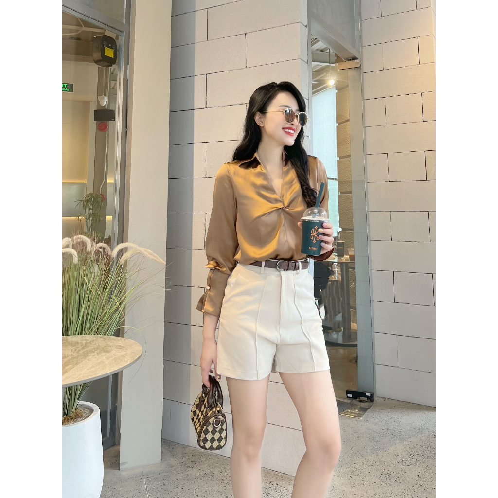 MAIDE Áo sơ mi lụa tay dài Akei Top nâu