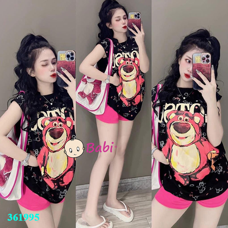 Bộ sát nách Gấu Lotso cute xinh xắn, Set đồ bộ mặc nhà mùa hè cho bé gái size 11kg-35kg