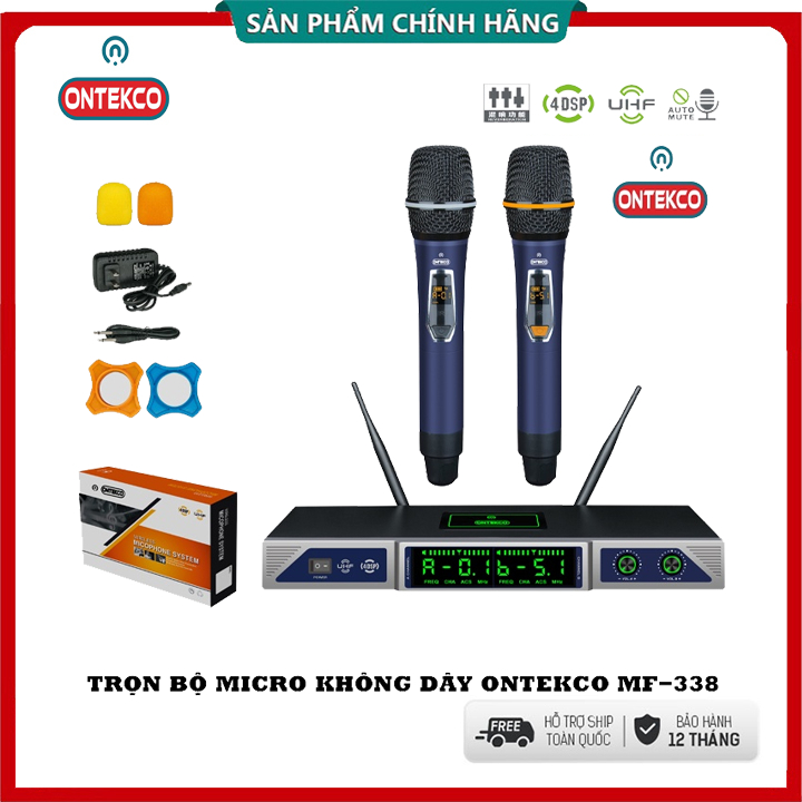 Micro không dây ONTEKCO MF338 cao cấp đa năng - Có đầu thu 2 anten sóng UHF Hát karaoke gia đình