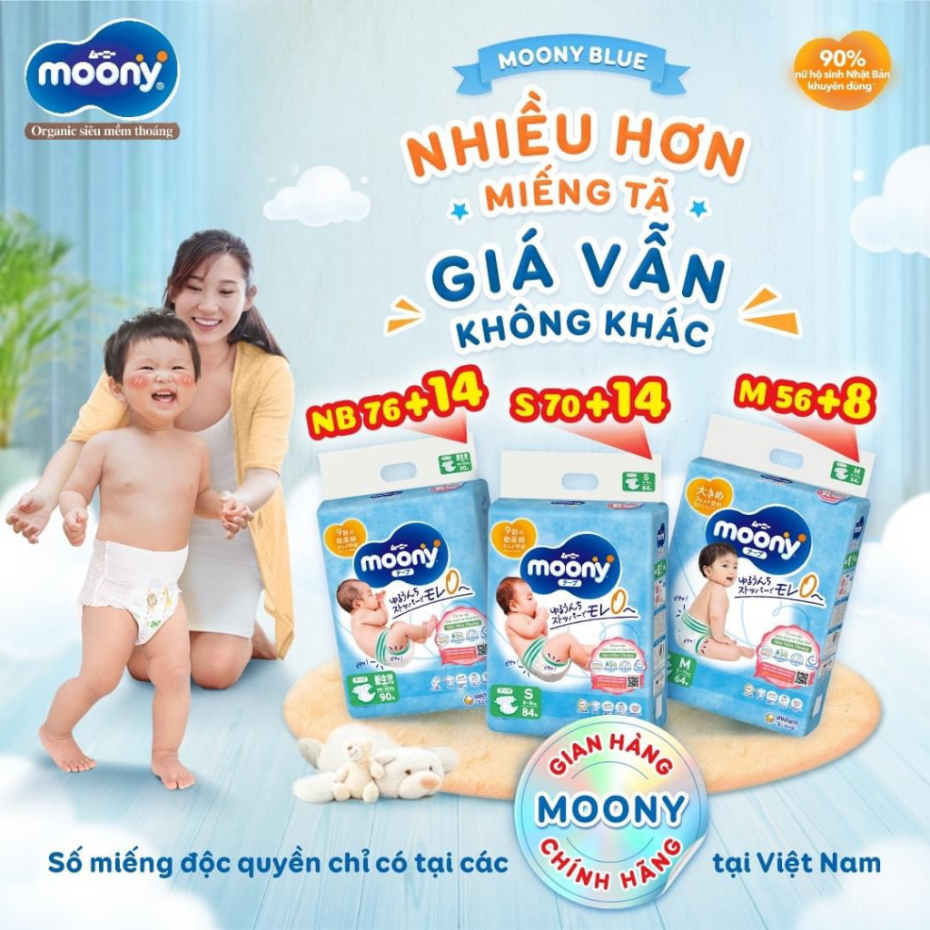 Tã/Bỉm MOONY XANH cộng miếng dán/quần đủ size NB96/S84/Mdán 64/Mquần64/L50/Xl44 cho bé