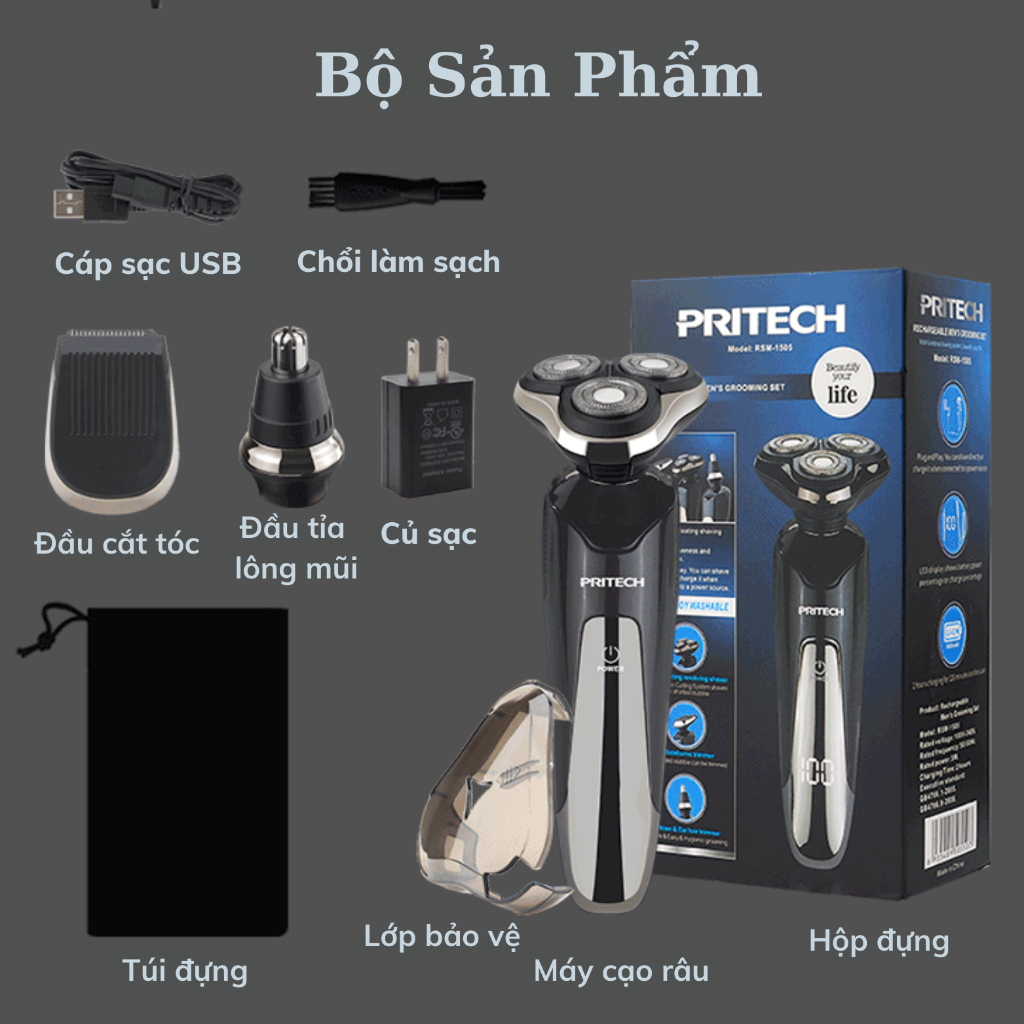 Máy cạo râu 3 trong 1 Pritech máy cạo râu 3 lưỡi kép không gây kích ứng da động cơ mạnh mẽ và thiết kế nhỏ gọn - REMO