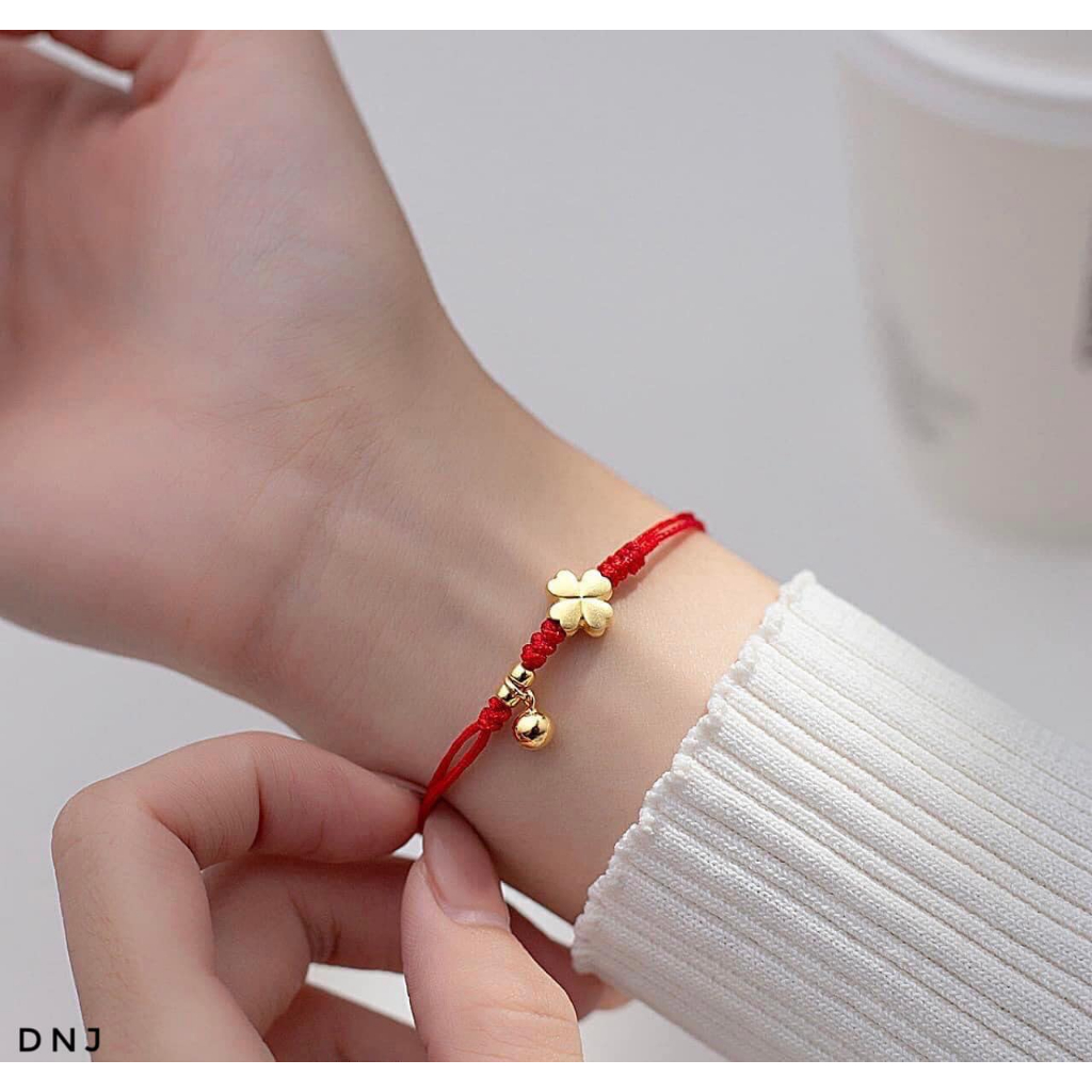 Vòng tay chỉ đỏ mix cỏ bốn lá bạc xi vàng, Tiệm bạc Mê Ly cam kết bạc chuẩn