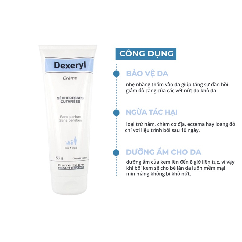 Kem nẻ dưỡng ẩm làm mềm da Dexeryl Creme chính hãng Pháp 50g hỗ trợ chàm sữa cho bé