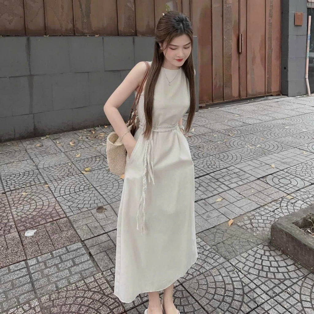 Đầm sát nách cổ tròn mix váy dáng suông dài cột eo với 2 tone màu trắng đen đơn giản, đấm váy linen sát nách midi thắt e