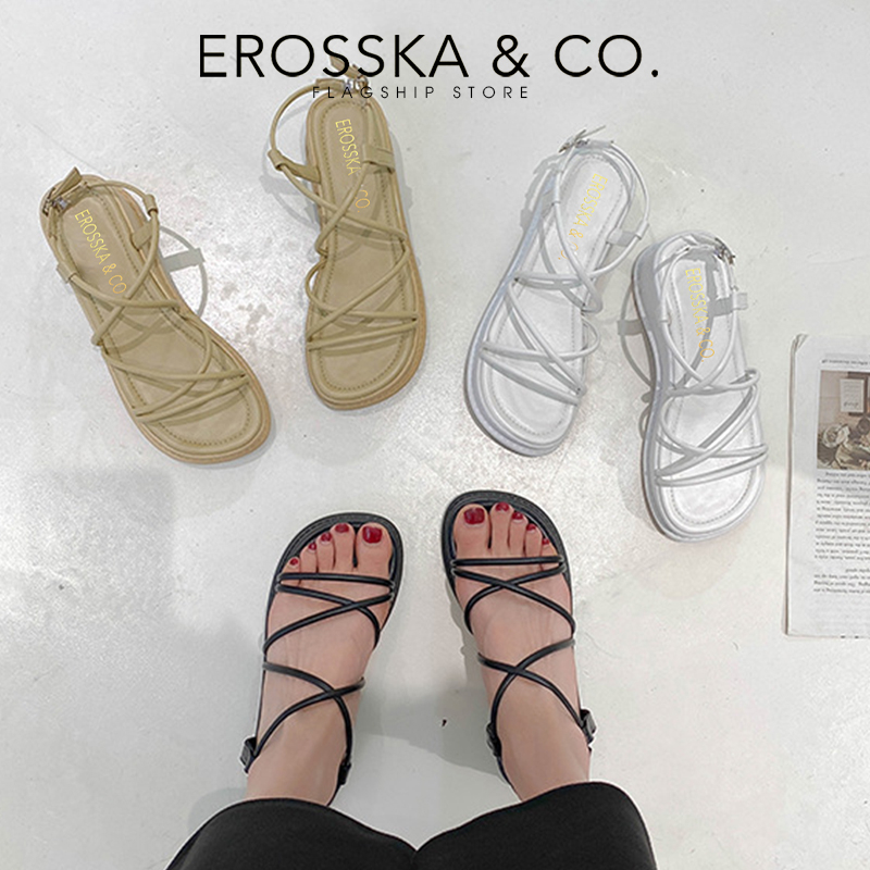 Erosska - Giày sandal nữ đế xuồng phối dây quai mảnh thiết kế basic cao 6cm màu nude - SB014