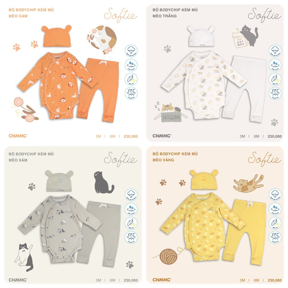 BỘ DÀI TAY SƠ SINH CÀI CHÉO KÈM MŨ CHAANG CHẤT COTTON MỀM MÁT