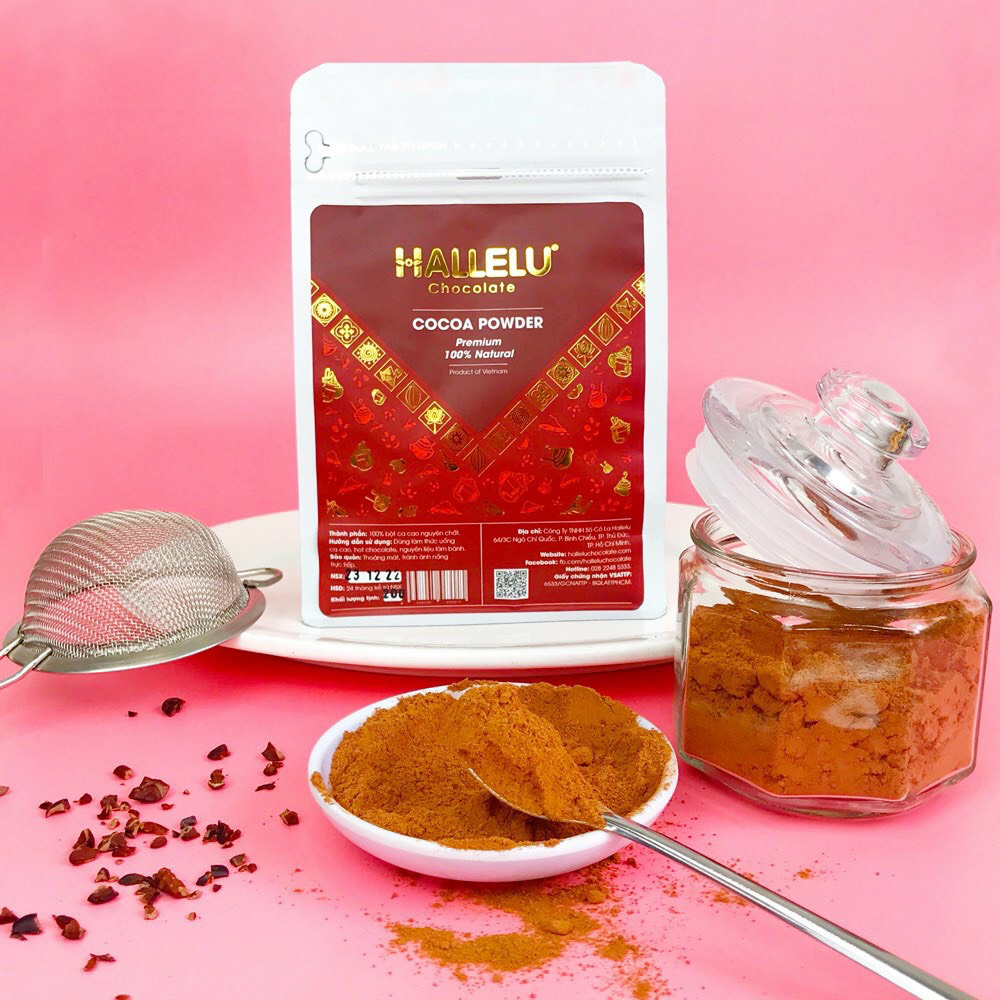 Bột Ca Cao Nguyên Chất Thượng Hạng 200G - Làm Món Hot Chocolate - Socola Nóng - Hallelu Chocolate
