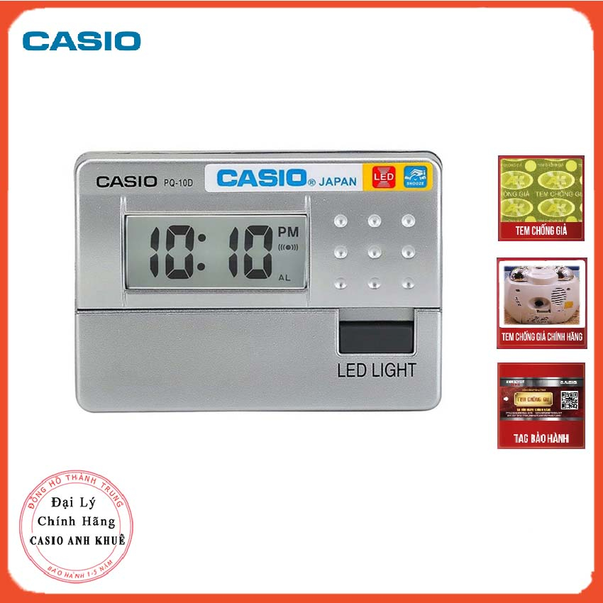 Đồng hồ báo thức du lịch - để bàn có đèn LED Casio PQ-10D-8RDF trắng xám ( 8 x 6cm)