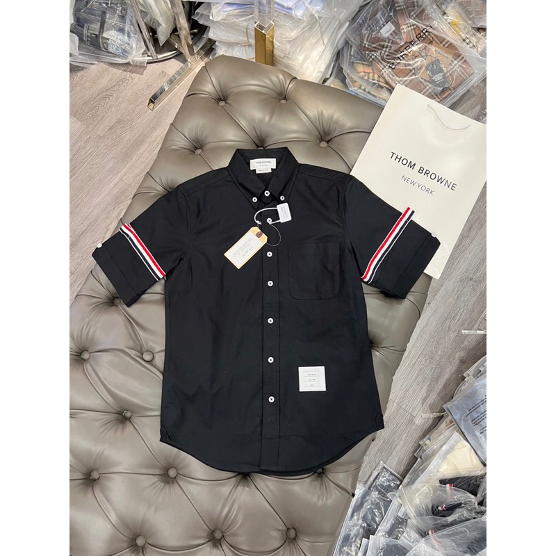 Hàng Có Sẵn!! Sơ Mi Thom Browne Đen Ngắn Tay Vạch 2 Bên Vải Oxford- Hàng Loại 1 Full Túi Tag Sơ Mi Tb